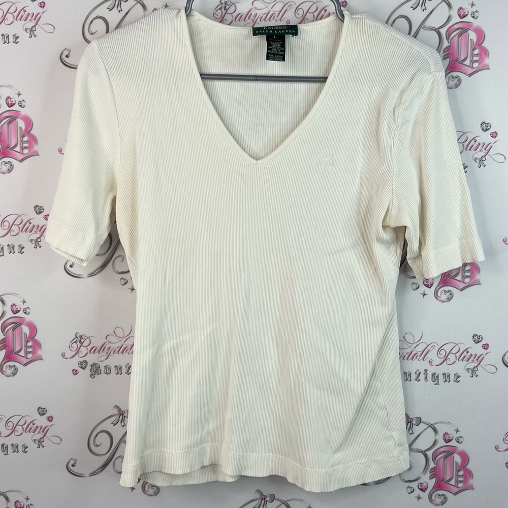 Ralph Lauren tshirt cream White V-Neck Short Sleeve Tope embroidered logo